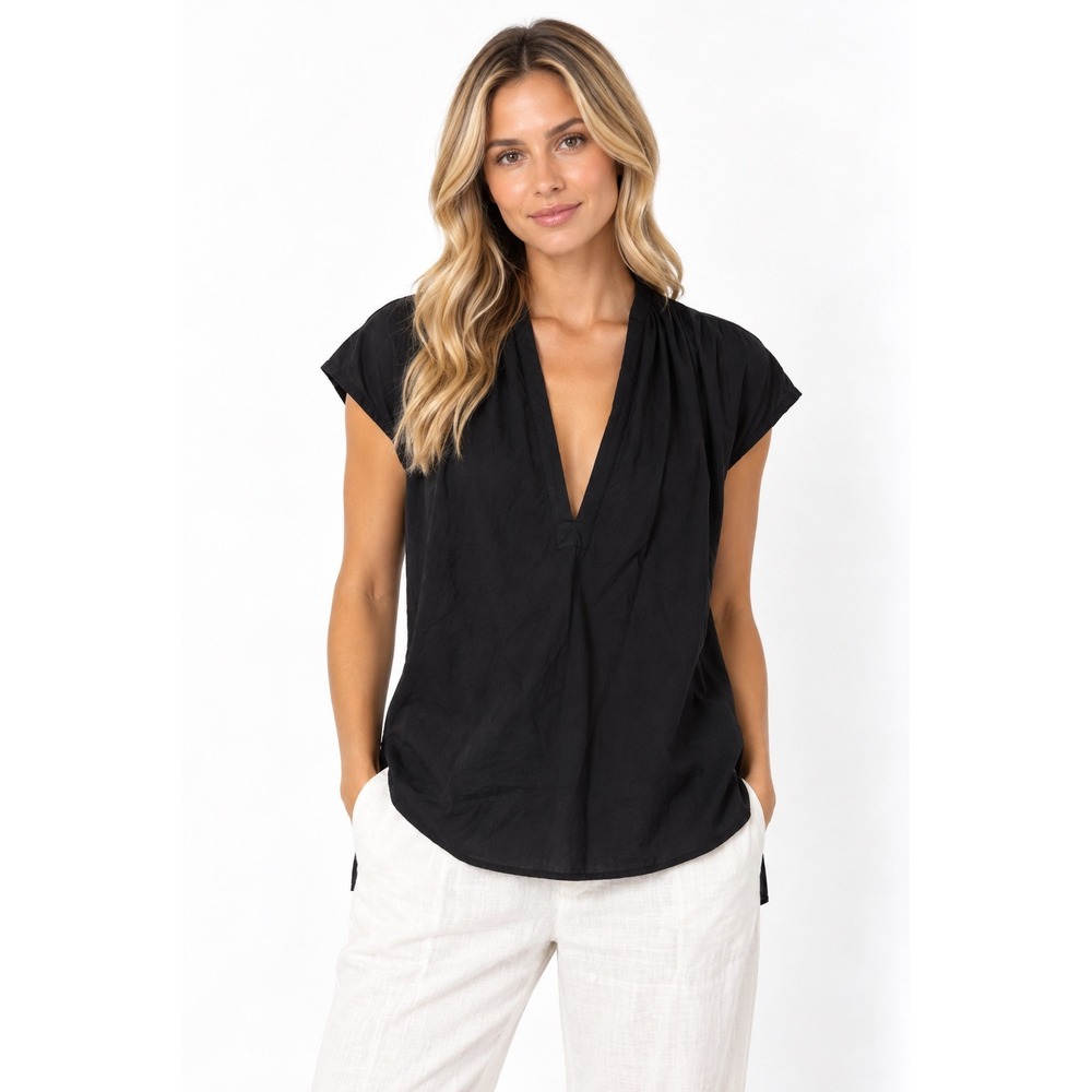 FRAME Poplin V-Neck Blouse Women L Black Excellent LWSH2261 Noir Cotton Top